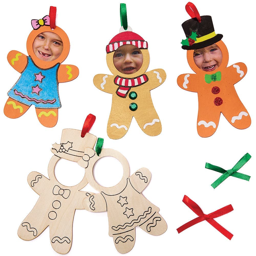 Gingerbread Man Colour-in Wooden Photo Frames (Pack of 10) Christmas Crafts 2 ribbon colours - Red & Green