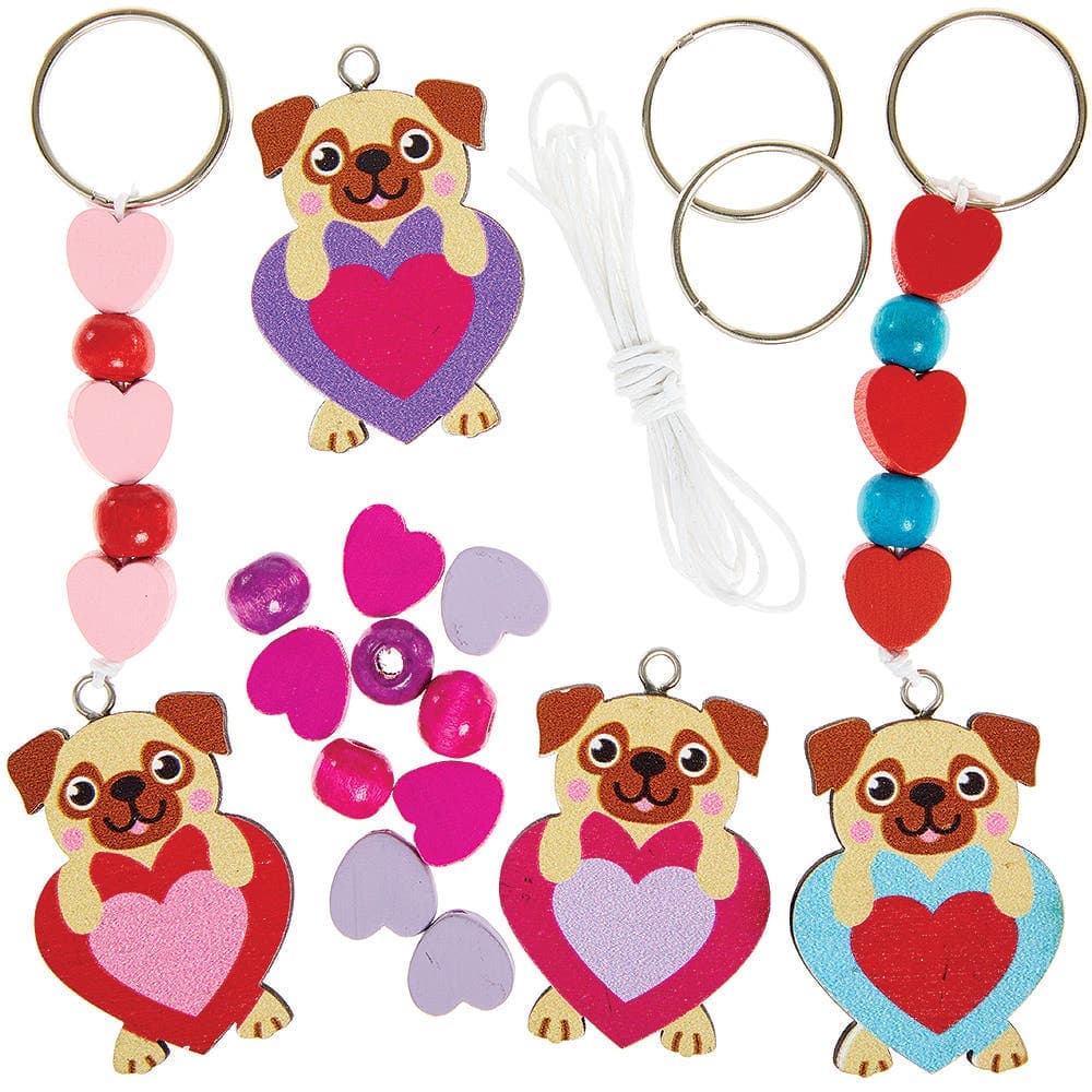Pug Love Heart Keyring & Bag Dangler Kits (Pack of 4) Craft Kits For Kids, Valentines Crafts for Kids