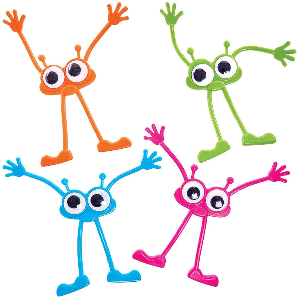 Bendy Wiggle-Eye Monsters (Pack of 4) Halloween Toys 4 assorted colours - Orange, Blue, Green & Pink