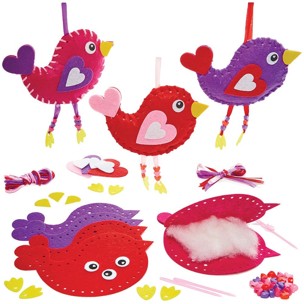 Bird Heart Sewing Kits (Pack of 3) Sewing & Weaving Craft Kits 3 assorted colours - Pink, Red & Purple