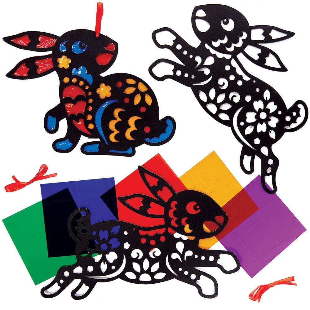 Year of The Rabbit Stained Glass Decoration Kits (Pack of 6) 3 Assorted Designs, 6 Cellophane Colours, Height 16.5cm-19cm