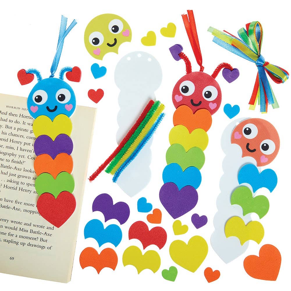 Caterpillar Rainbow Love Heart Bookmark Kits (Pack of 8) Decoration Craft Kits, Foam Base, Peel & Stick