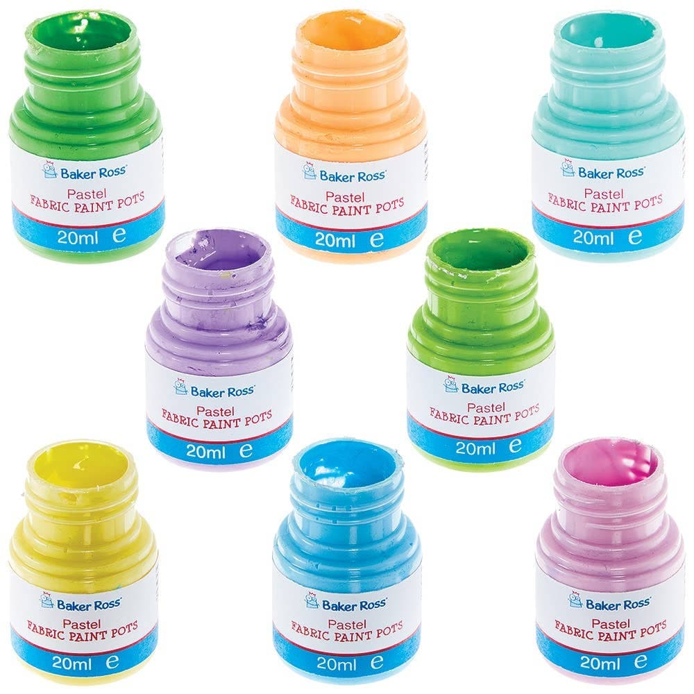 Pastel Fabric Paint Pot Pack 20ml (Box of 8) Art Supplies, Art Materials 8 assorted pastel colours - Blue, Pink, Green. Purple, Yellow, Orange, Peppermint & Grass Green