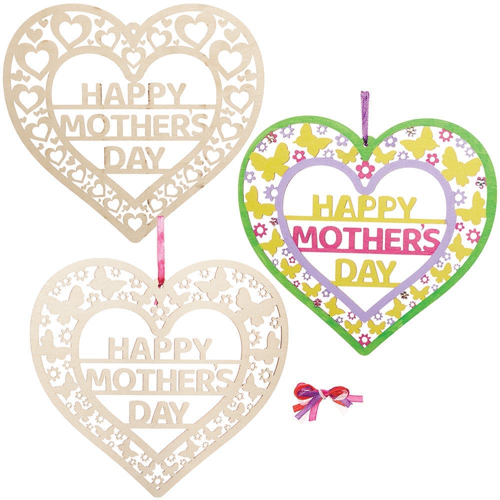 Mother's Day Wooden Filigree Wreaths (Pack of 4) Decoration Craft Kits, Hanging Ribbon Included, 2 Designs, 21cm x 22.5cm