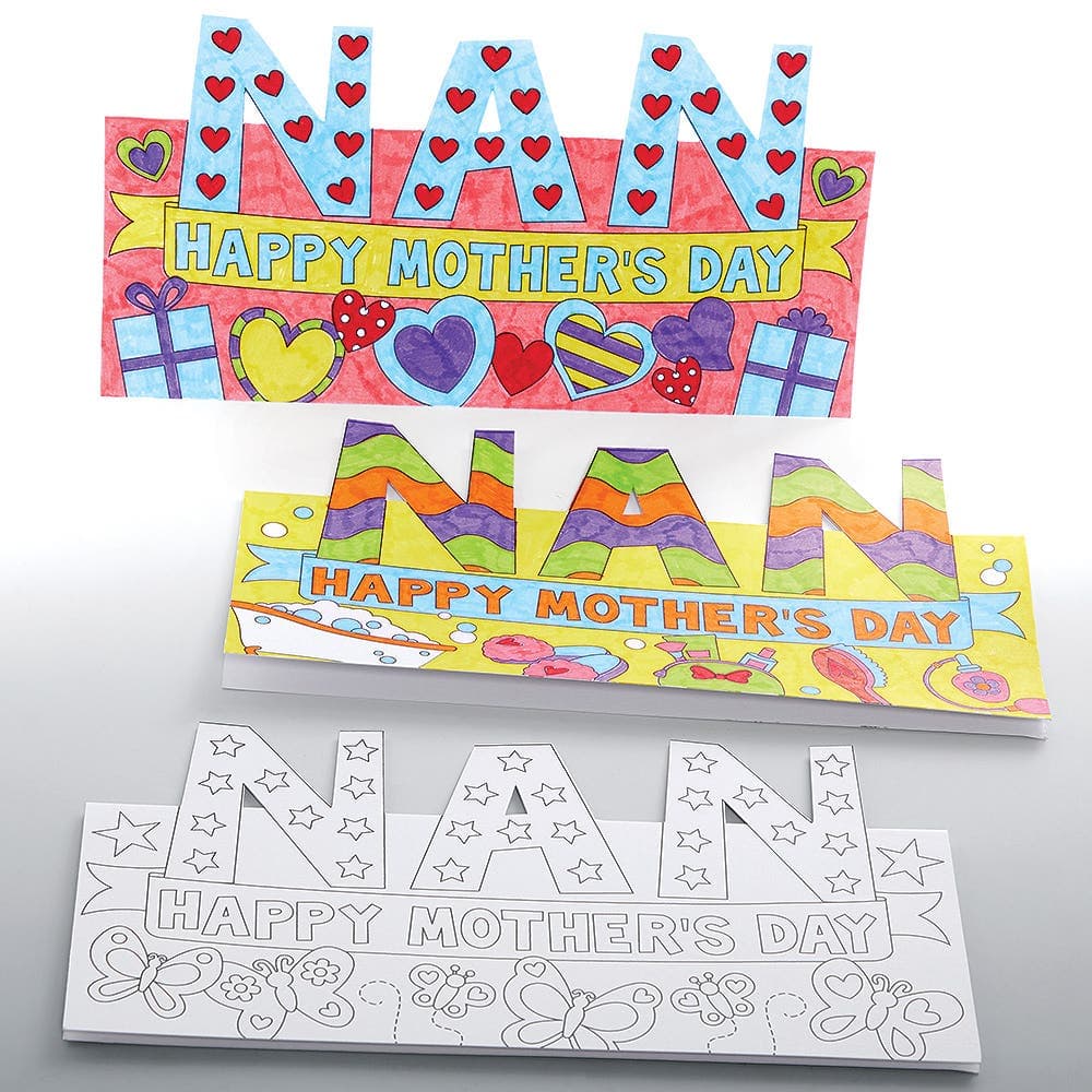 Mother’s Day Nan Colour-in Cards (Pack of 10) Homemade Greeting Cards, 5 Assorted Designs, Envelopes Included