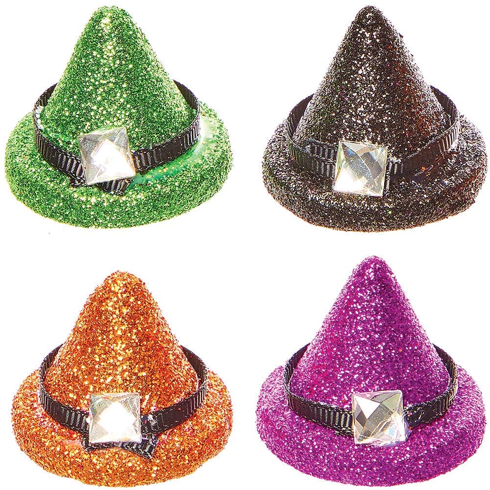 Mini Glitter Witch Hat Decorations (Pack of 10) 4 assorted colours - Black, Green, Orange & Purple