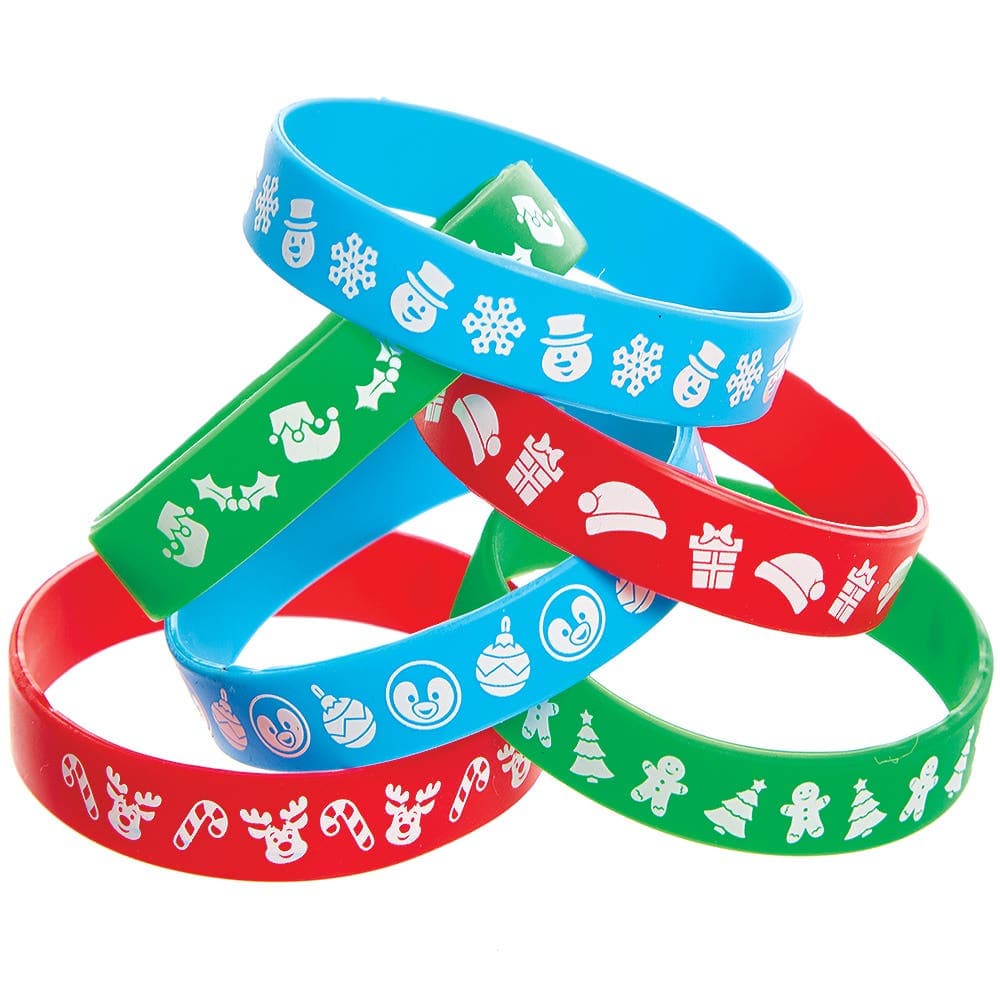 Christmas Silicone Wristbands (Pack of 12) 3 assorted band colours - Red, Green & Blue