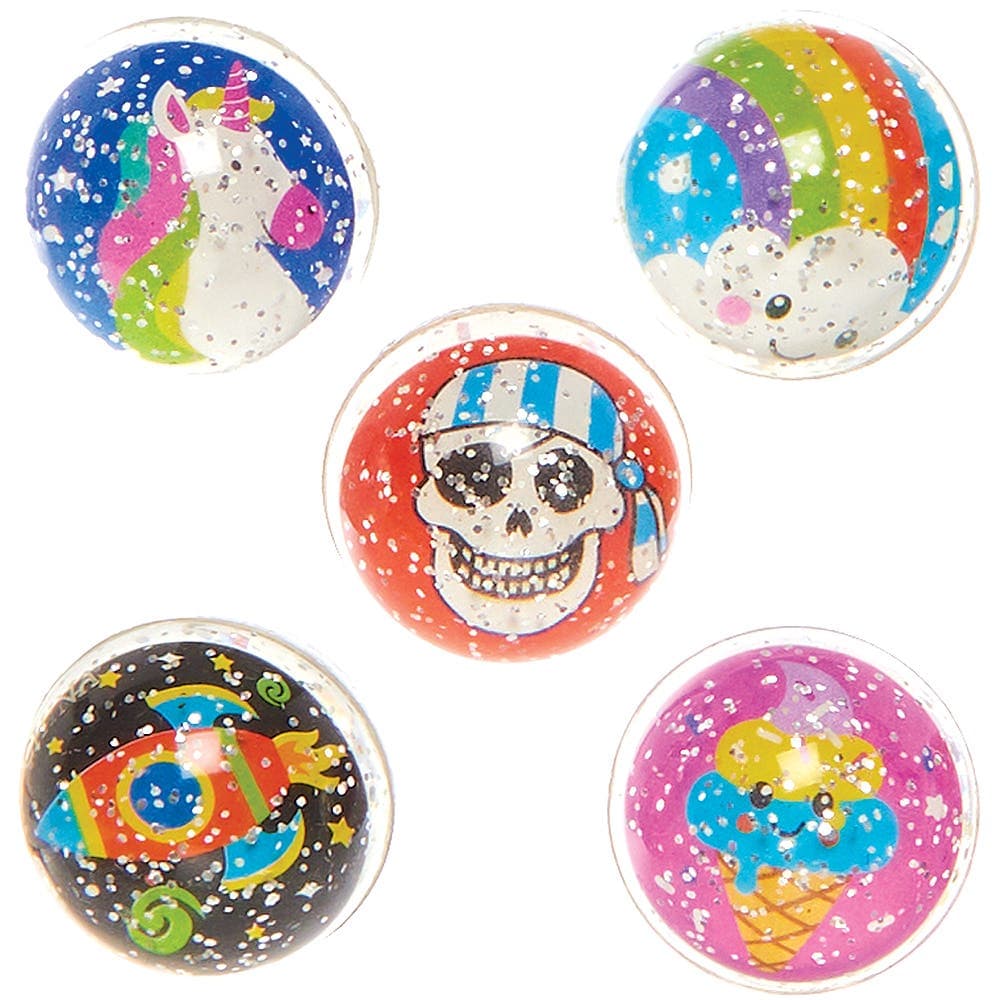 Glitter Bouncy Balls Assortment (Pack of 10) 30mm Diameter, Rubber, 10 Assorted Designs