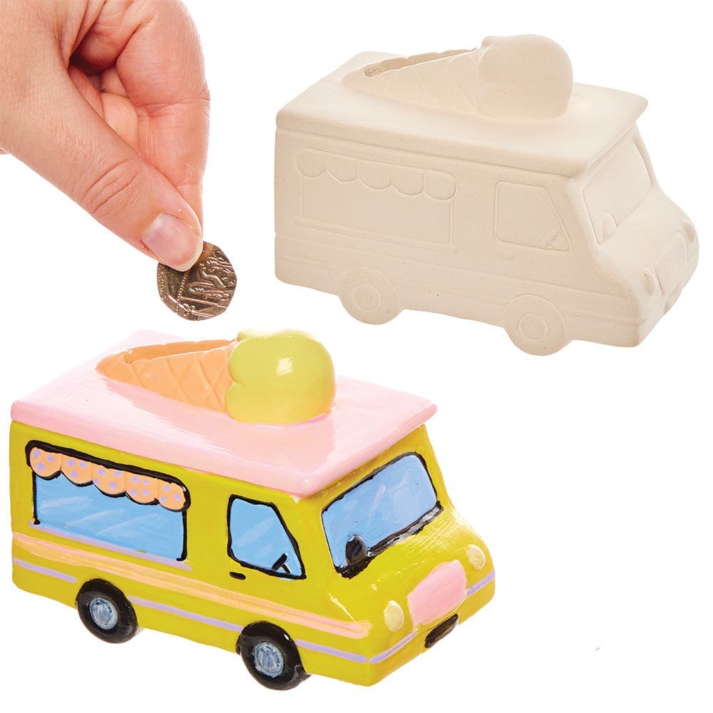 Ice Cream Van Ceramic Money Banks (Box of 2) Paint & Decorate, 11cm x 9cm x 6.5cm, Plastic Stopper Included