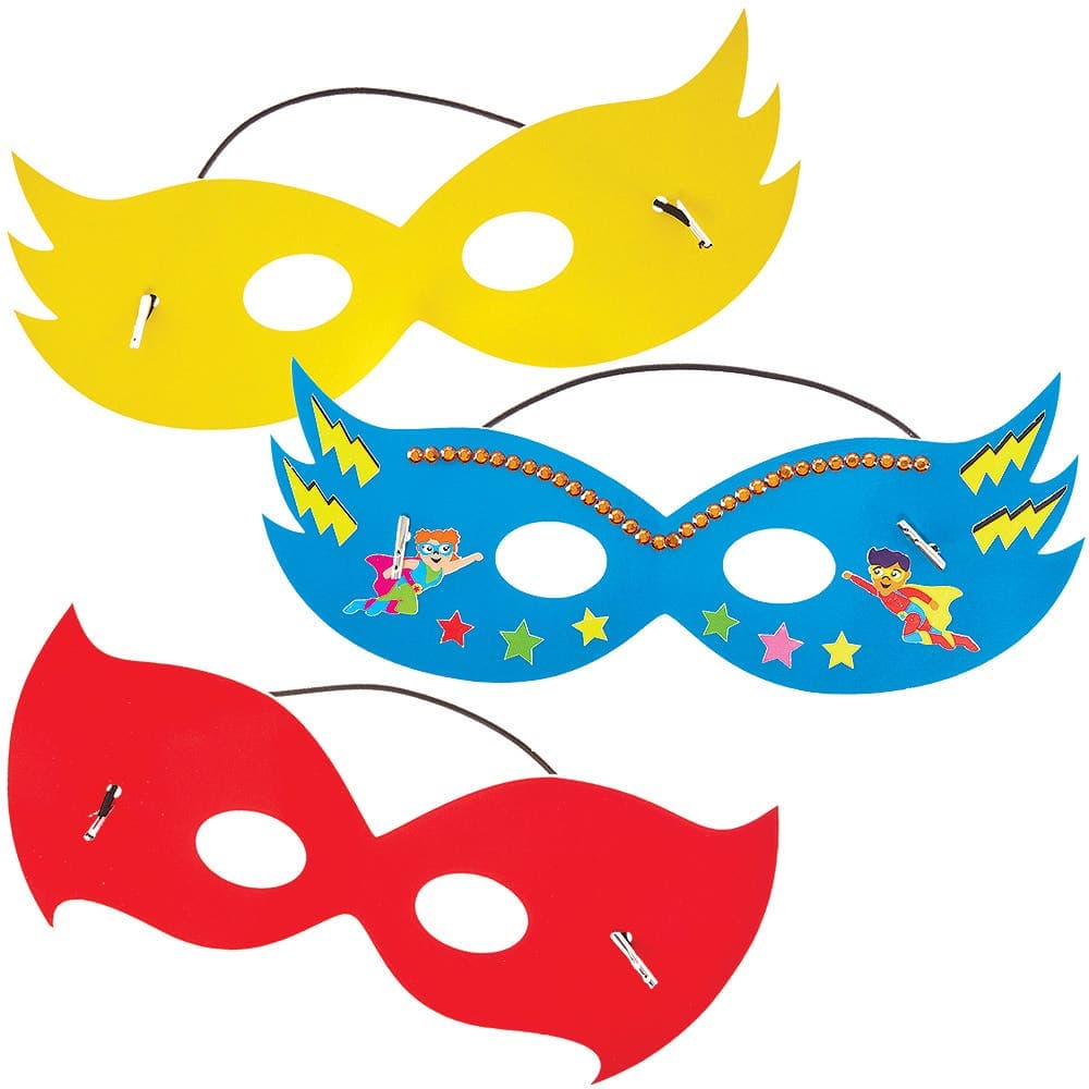 Superhero Mask Blanks (Pack of 12) Decoration Craft Kits 6 assorted colours - Red, Yellow, Green, Blue, Orange & Pink