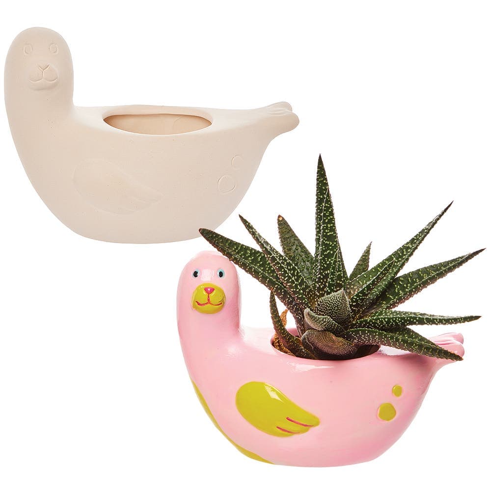Seal Ceramic Flowerpots (Box of 2) Paint & Decorate, Size 14cm x 10cm x 6.5cm, Fun Craft Activities