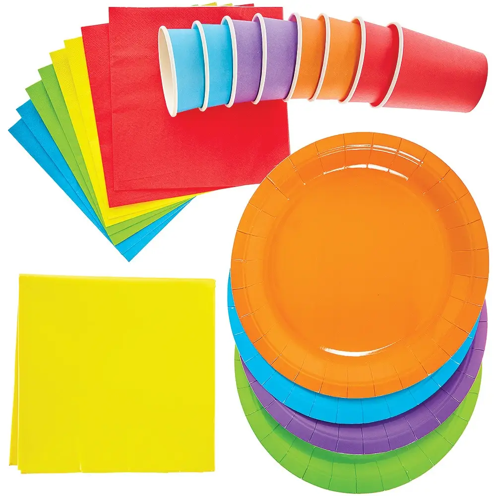 Rainbow Colours Party Tableware Pack (Each pack) Party Supplies, Table Cover, Cups, Plates & Napkins Included