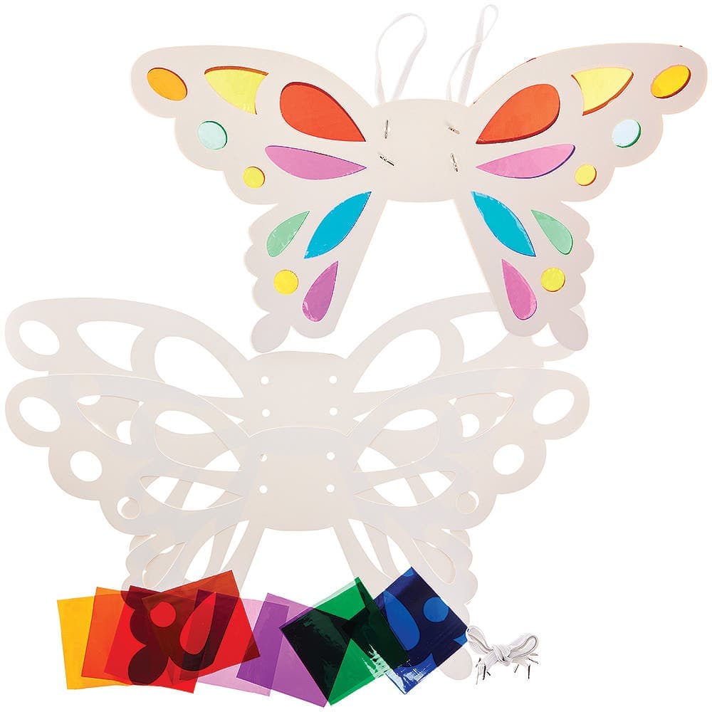 Stained Glass Butterfly Wing Kits (Pack of 2) Art Craft Kits, 6 Assorted Cellophane Colours, Wingspan 60cm, Elastic Cord