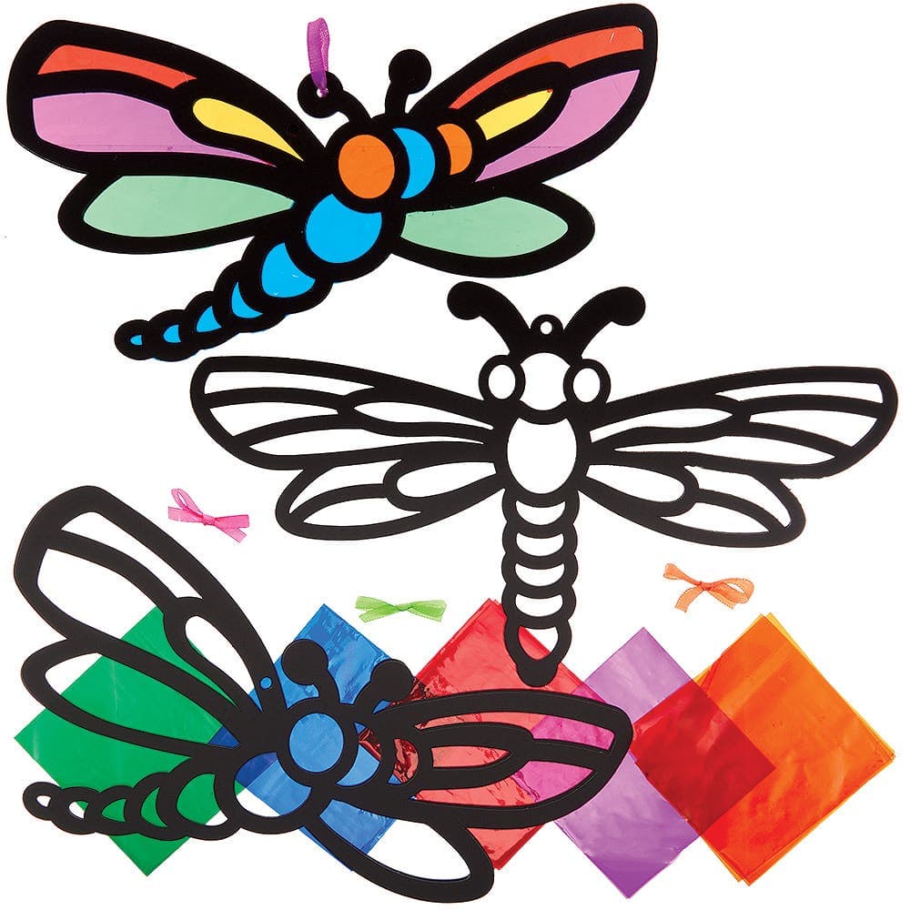 Dragonfly Stained Glass Decoration Kits (Pack of 6) Decoration Craft Kits 6 assorted cellophane colours - Purple, Orange, Pink, Yellow, Green & Blue