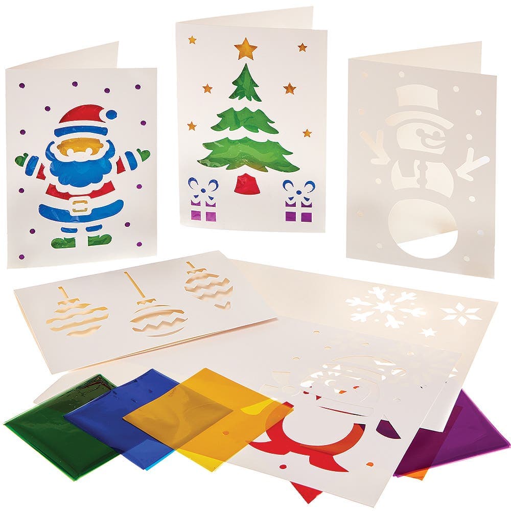 Christmas Stained Glass Greeting Card Kits (Pack of 6) 6 assorted cellophane colours - Green, Blue, Yellow, Orange, Purple & Red