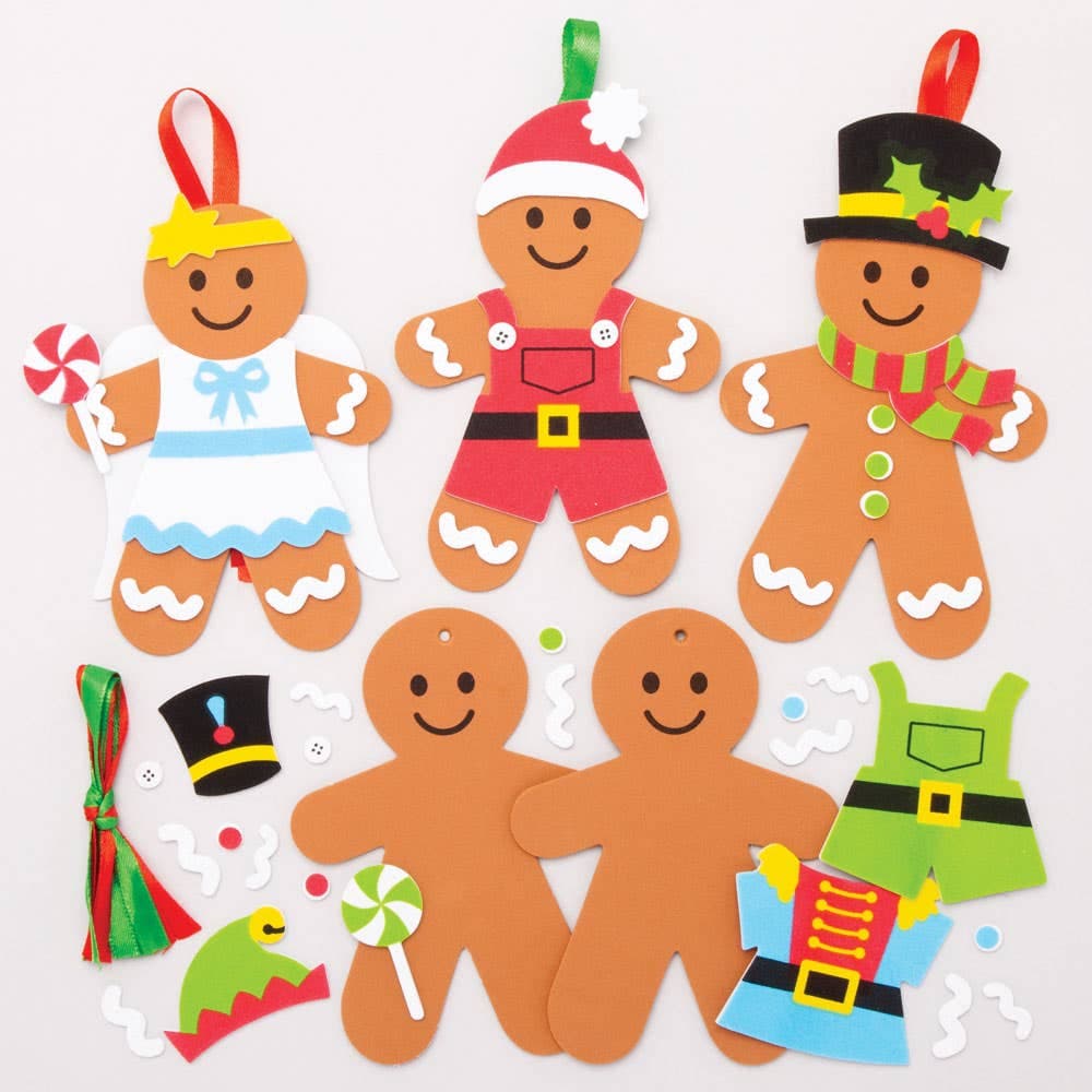 Gingerbread Man Mix & Match Decoration Kits (Pack of 6) Christmas Crafts, Hanging Ribbon Included