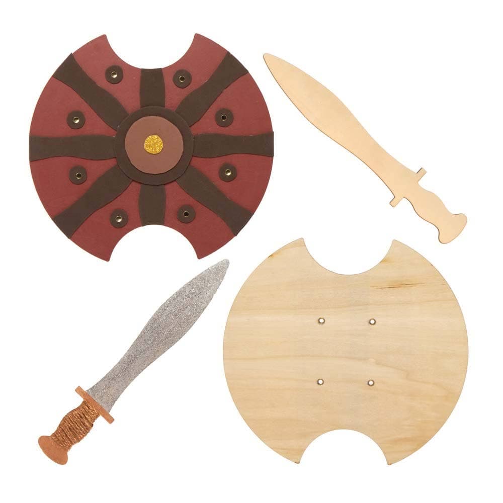 Gladiator Wooden Swords & Shields (Pack of 2 sets) Art Craft Kits, Decorate & Personalise, Elastic Cord Handle Included