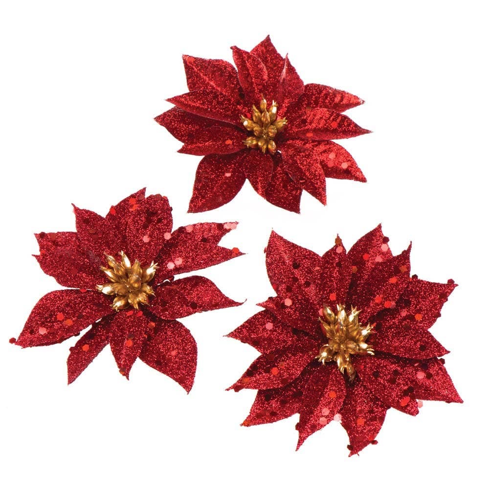 Glitter Poinsettias (Pack of 8) Christmas Embellishments, Wreath Making Materials