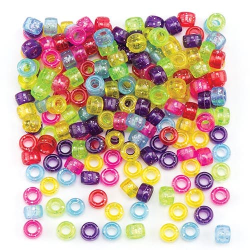 Glitter Pony Beads (Pack of 380) Craft Embellishments Assorted colours - Green, Pink, Light Blue, Purple, Red & Yellow