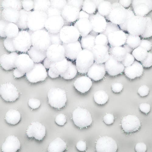 Glitter Snowball Pom Poms (Pack of 100) Christmas Craft Supplies, Sizes 5mm, 15mm & 20mm