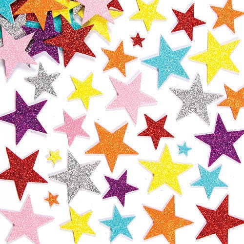 Glitter Star Foam Stickers (Pack of 150) Stickers 7 assorted colours - Red, Yellow, Silver, Purple, Blue, Orange & Pink
