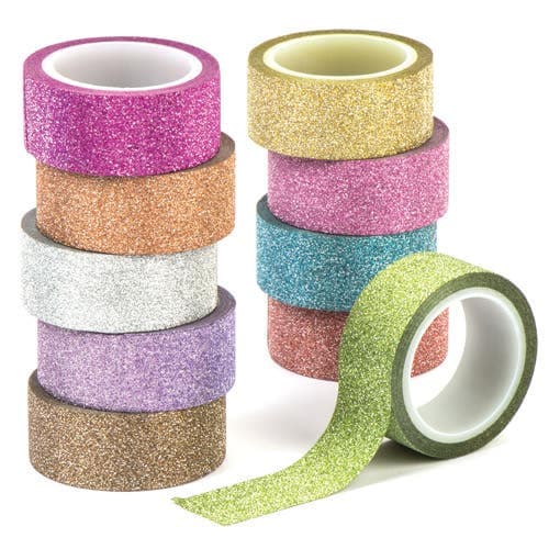 Glitter Washi Tape (Pack of 10) Each Reel 3m x 15mm, 10 Assorted Colours, Easy Cut, Self-Adhesive