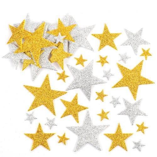 Gold & Silver Glitter Star Stickers (Pack of 150) Multiple Sizes - 1.5cm, 3.5cm & 5cm, Foam Stickers