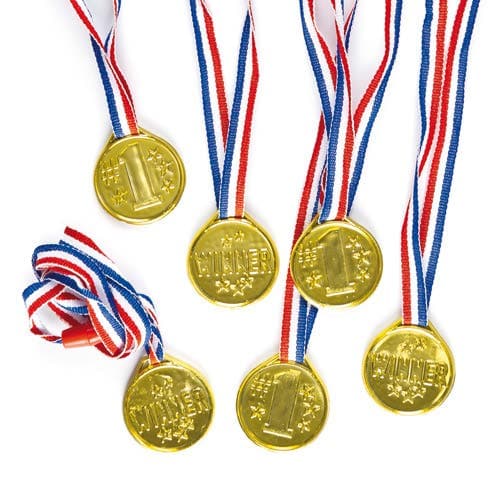 Gold Winning Medals (Pack of 6) Pocket Money Toys, 3 Assorted Cord Colours, Party Bag Filler/Prizes