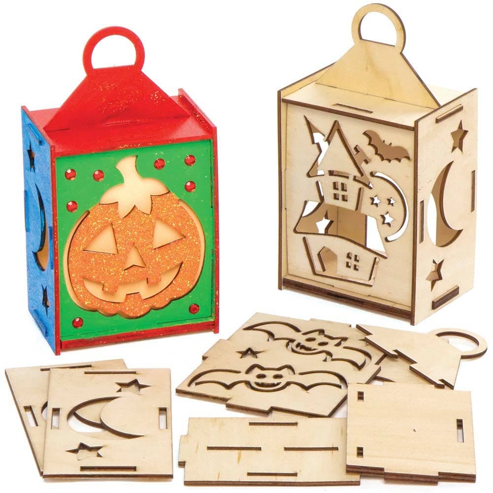 Wooden Halloween Lantern Kits (Pack of 3) Halloween Crafts, 3 Assorted Designs - Pumpkin, Bats & Haunted House