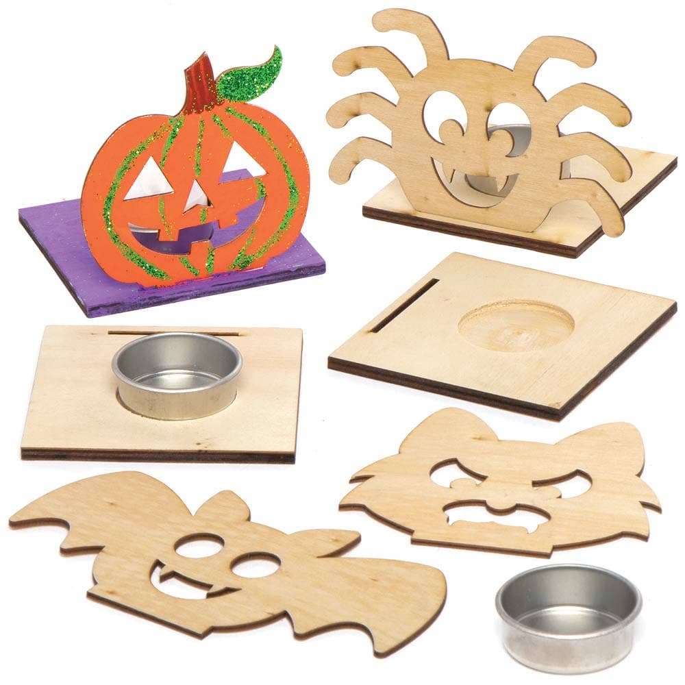 Halloween Wooden Tealight Kits (Pack of 4) Halloween Crafts, 4 Designs - Pumpkin, Bat, Werewolf & Spider