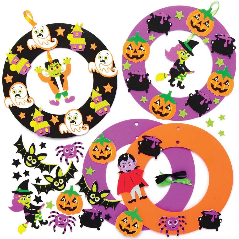 Halloween Wreath Kits (Pack of 3) Crafts For Kids, 3 Assorted Designs, Self-Adhesive Foam Pieces, Kids Boo Basket Ideas