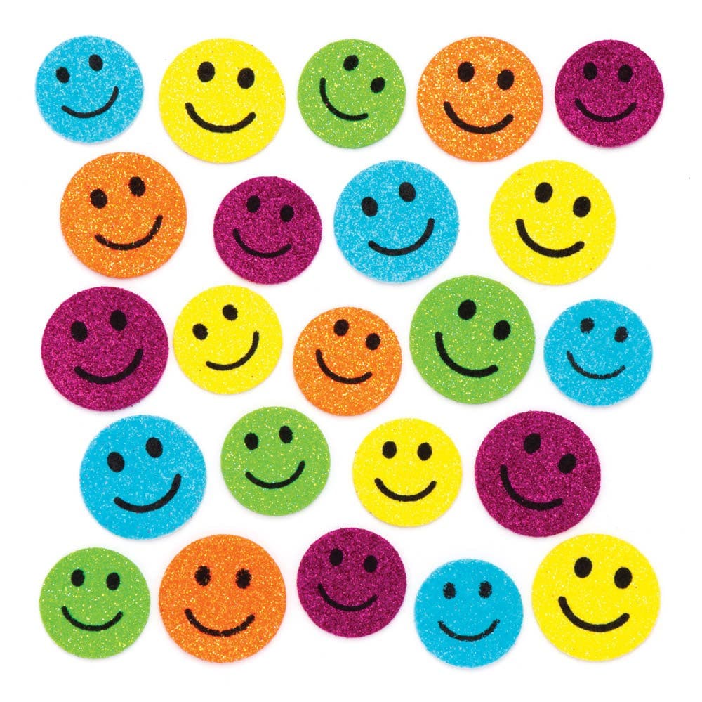 Happy Face Glitter Foam Stickers (Pack of 100) Stickers 5 assorted colours - Blue, Yellow, Orange, Green & Pink