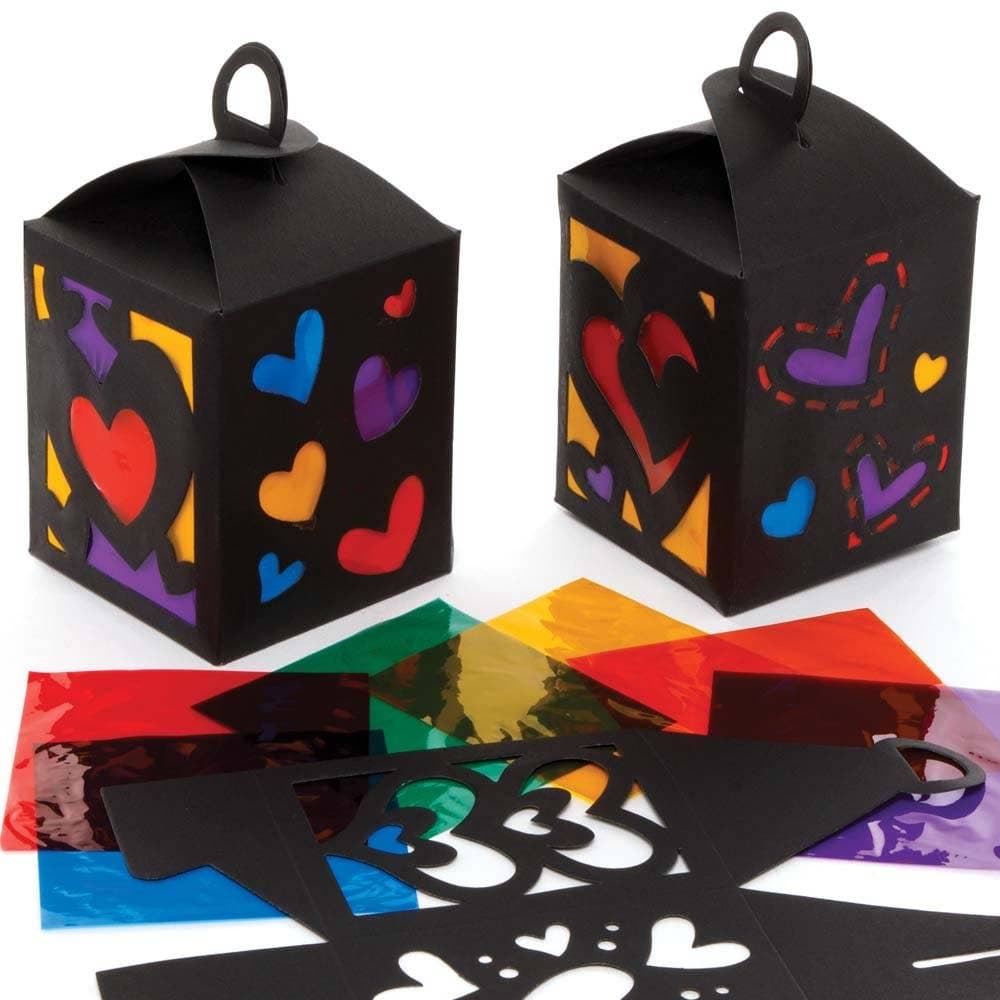 Heart Stained Glass Lantern Kits (Pack of 4) Craft Kits For Kids 6 assorted cellophane colours - Blue, Purple, Orange, Red, Green & Yellow