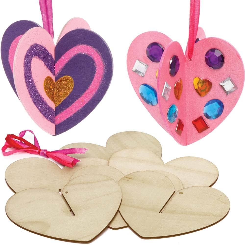Wooden 3D Hearts (Pack of 6) Art Craft Kits 3 assorted ribbon colours - Red, Pink & Purple