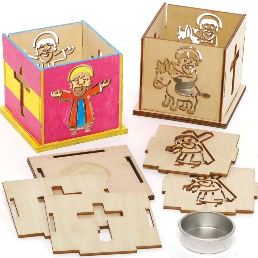 Holy Week Wooden Tealight Holder Kits (Pack of 3) Easter Craft Supplies, 3 Assorted Designs, Self-Assemble & Decorate