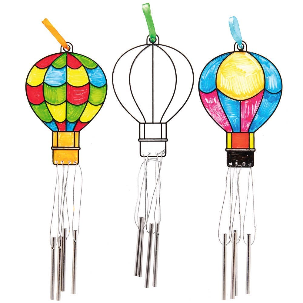 Hot Air Balloon Suncatcher Windchimes (Pack of 4) Art Craft Kits, 14cm Size, 4 Assorted Designs, Metal Chimes Included