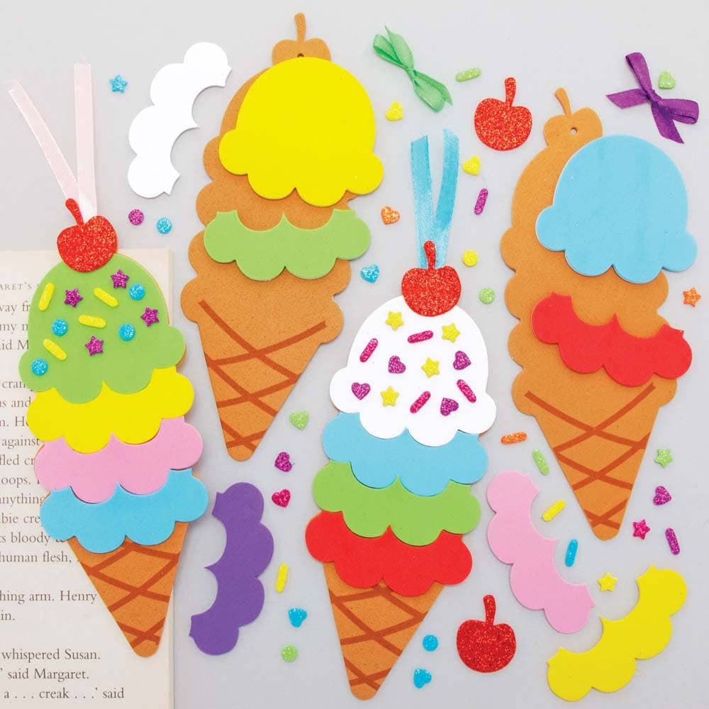 Ice Cream Bookmark Kits (Pack of 6) Decoration Craft Kits 7 ice cream colours - Pink, Yellow, Purple, Green, Orange, Blue & White