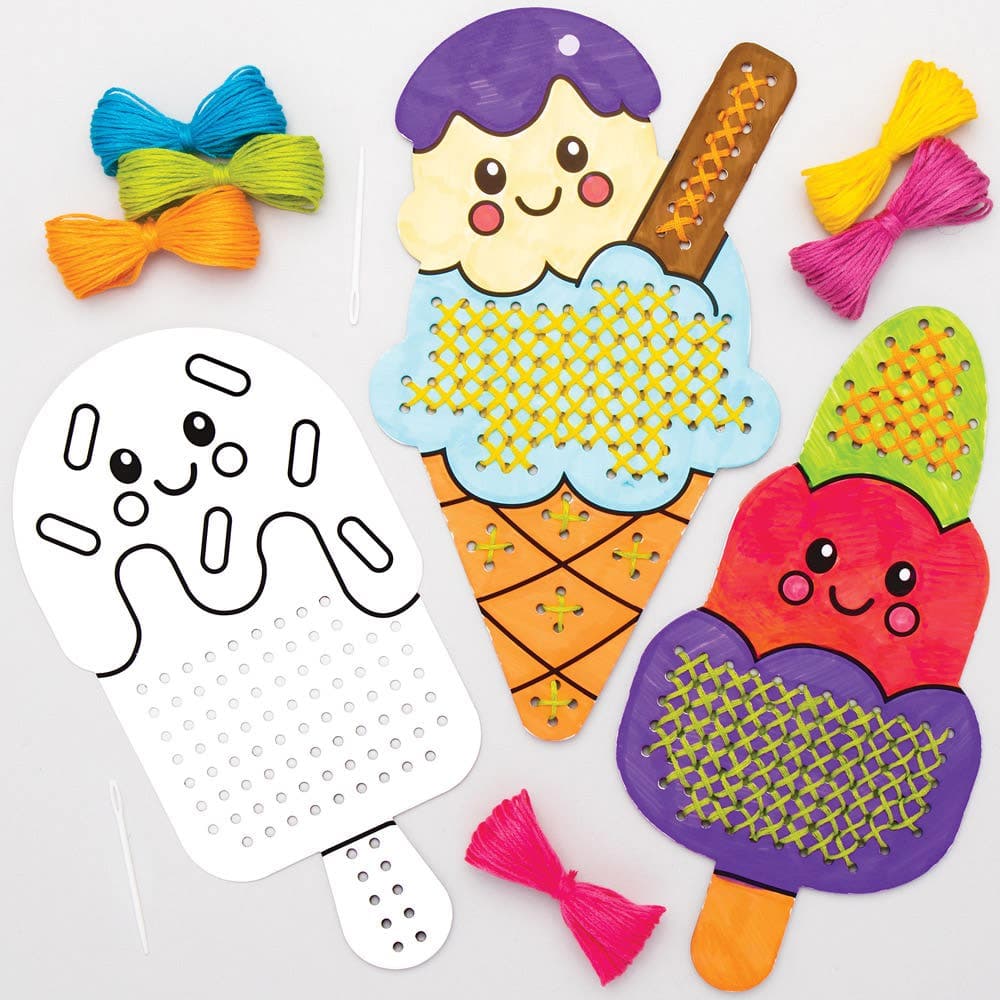 Ice Cream Colour-in Cross Stitch Kits (Pack of 5) Sewing & Weaving Craft Kits 6 thread colours - Yellow, Pink, Purple, Blue, Orange & Green