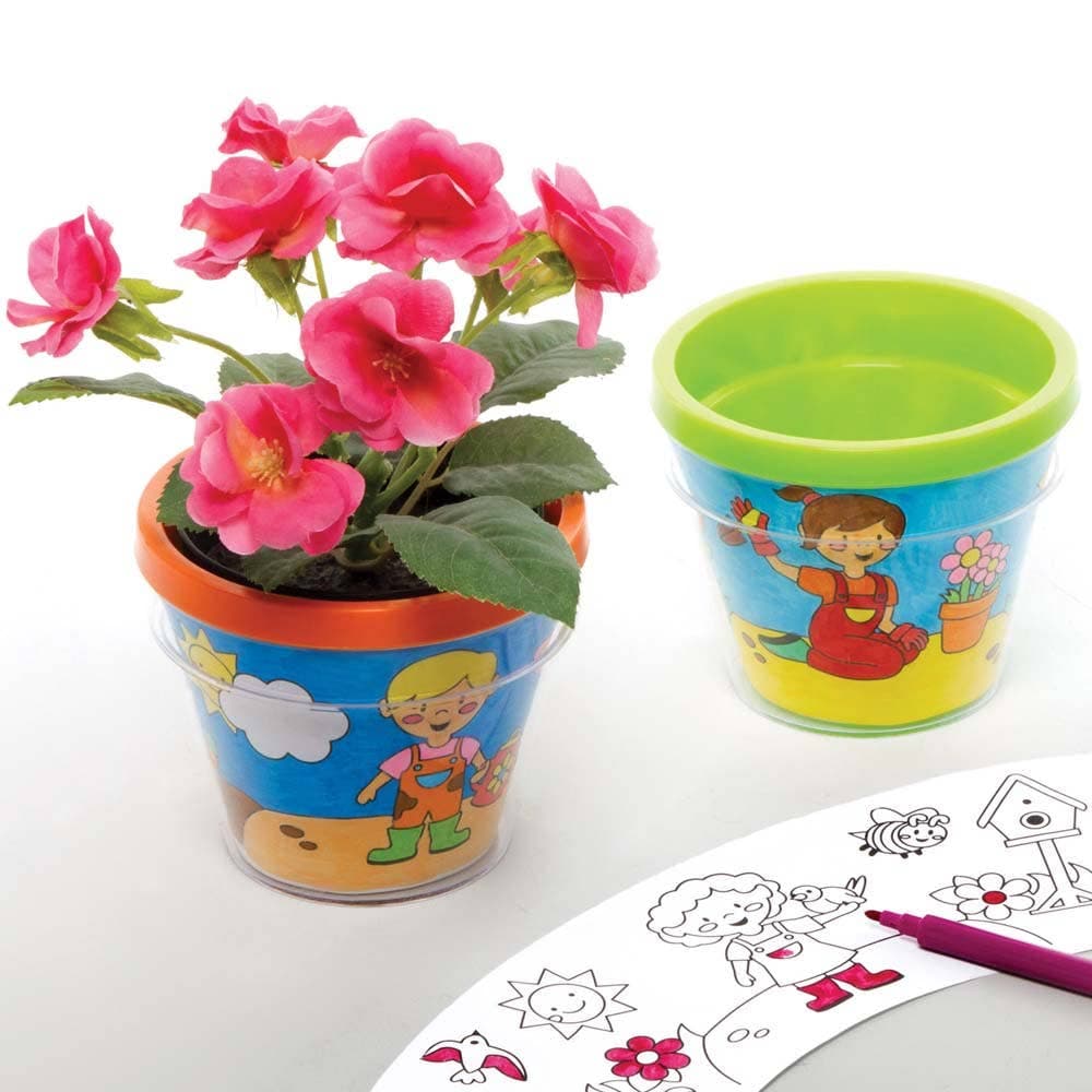 Garden Colour-in Flowerpots (Pack of 3) 3 Assorted Pot Colours & Designs, Craft Kits For Kids
