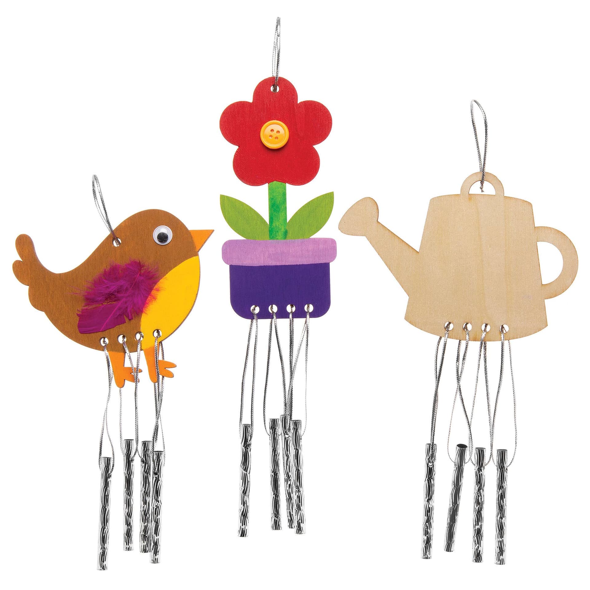 In the Garden Wooden Windchimes (Pack of 4) Bird, Snail, Flower & Watering Can Designs, Metal Chimes Included