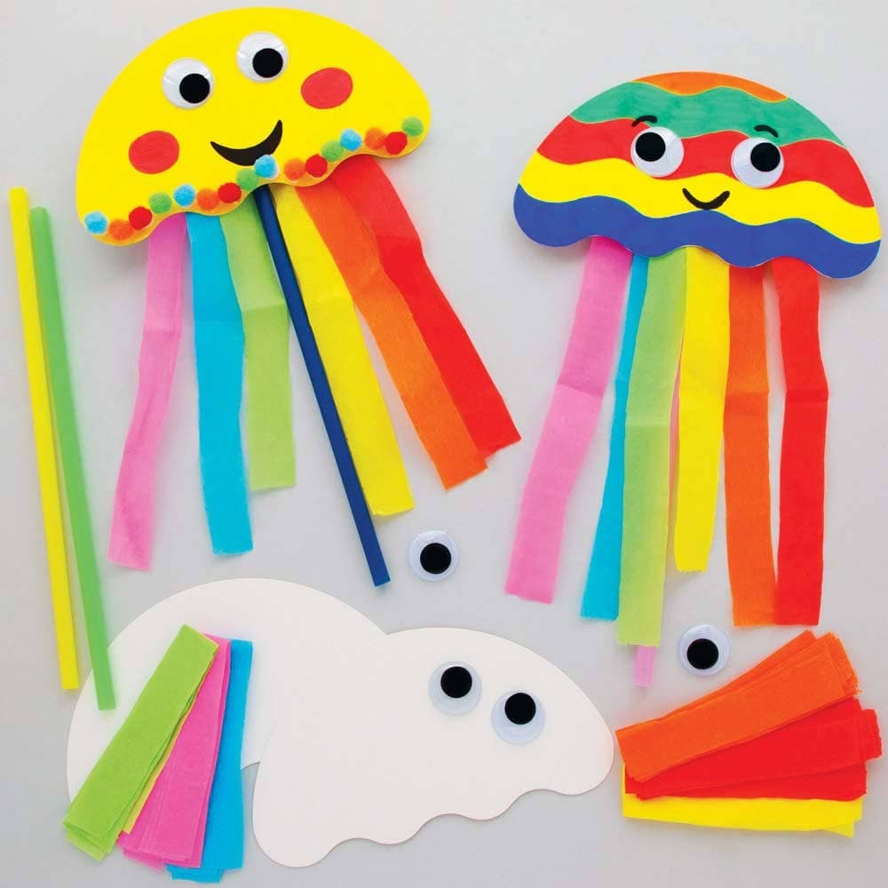 Jellyfish Wand Kits (Pack of 8) Craft Kits For Kids, 4 Assorted Colours, Includes Crepe Paper Streamers, 28cm