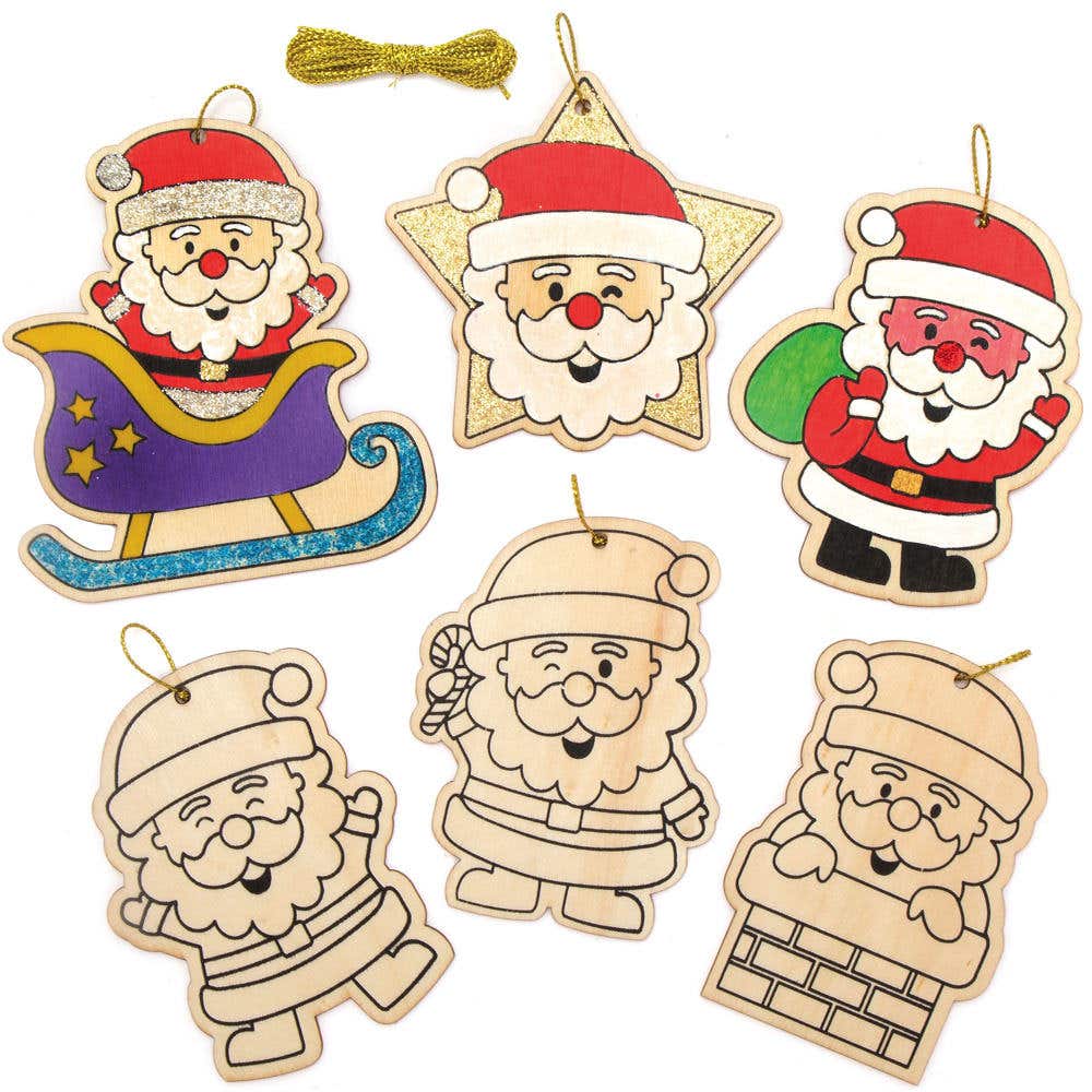 Jolly Santa Colour-in Wooden Decorations (Pack of 12) Christmas Crafts
