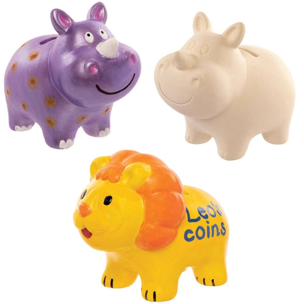 Hippo, Lion & Elephant Ceramic Money Boxes (Box of 3) Decoration Craft Kits