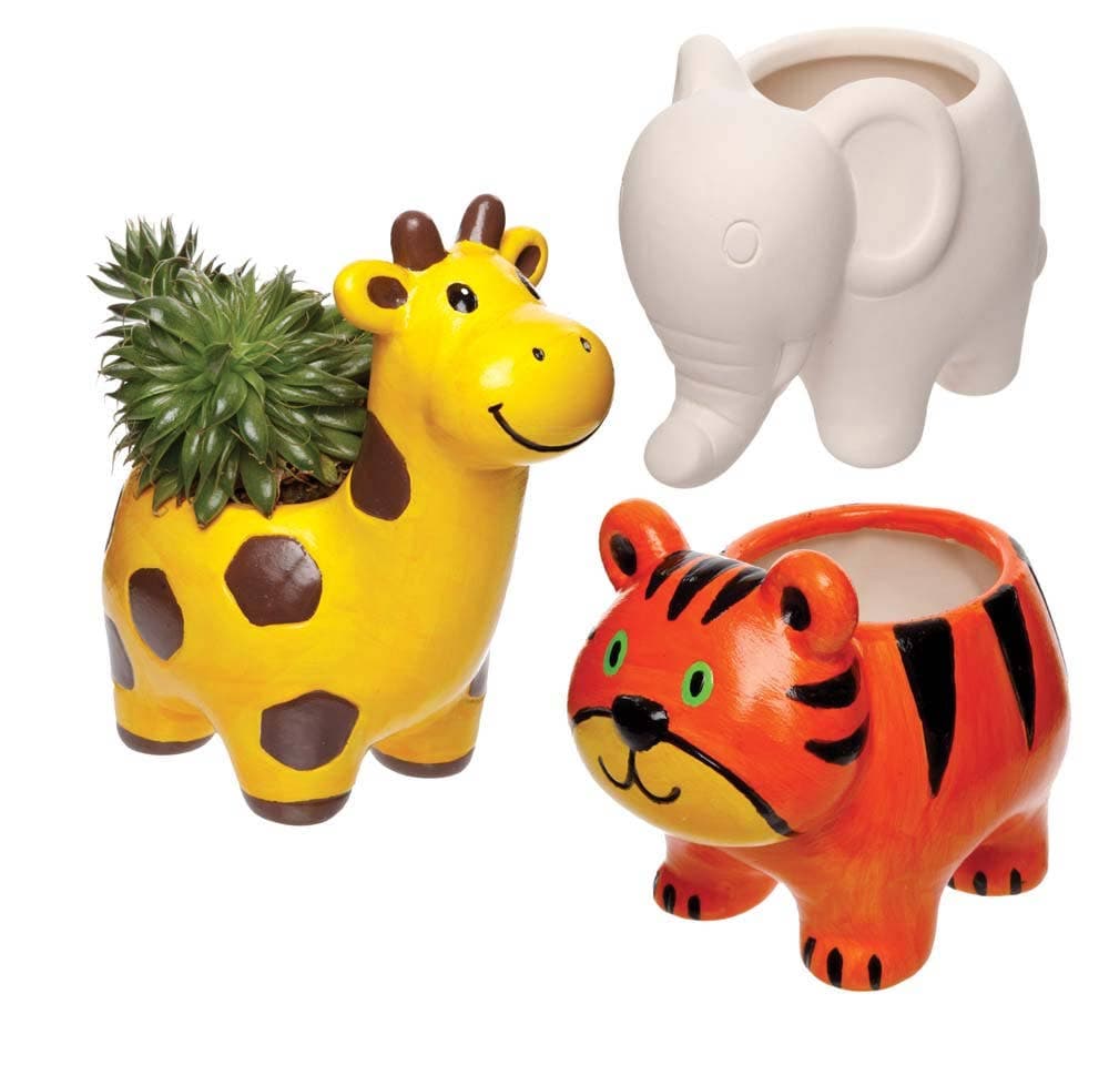 Tiger, Giraffe & Elephant Ceramic Flowerpots (Box of 3) Ceramic Painting, Length 11cm-13.5cm