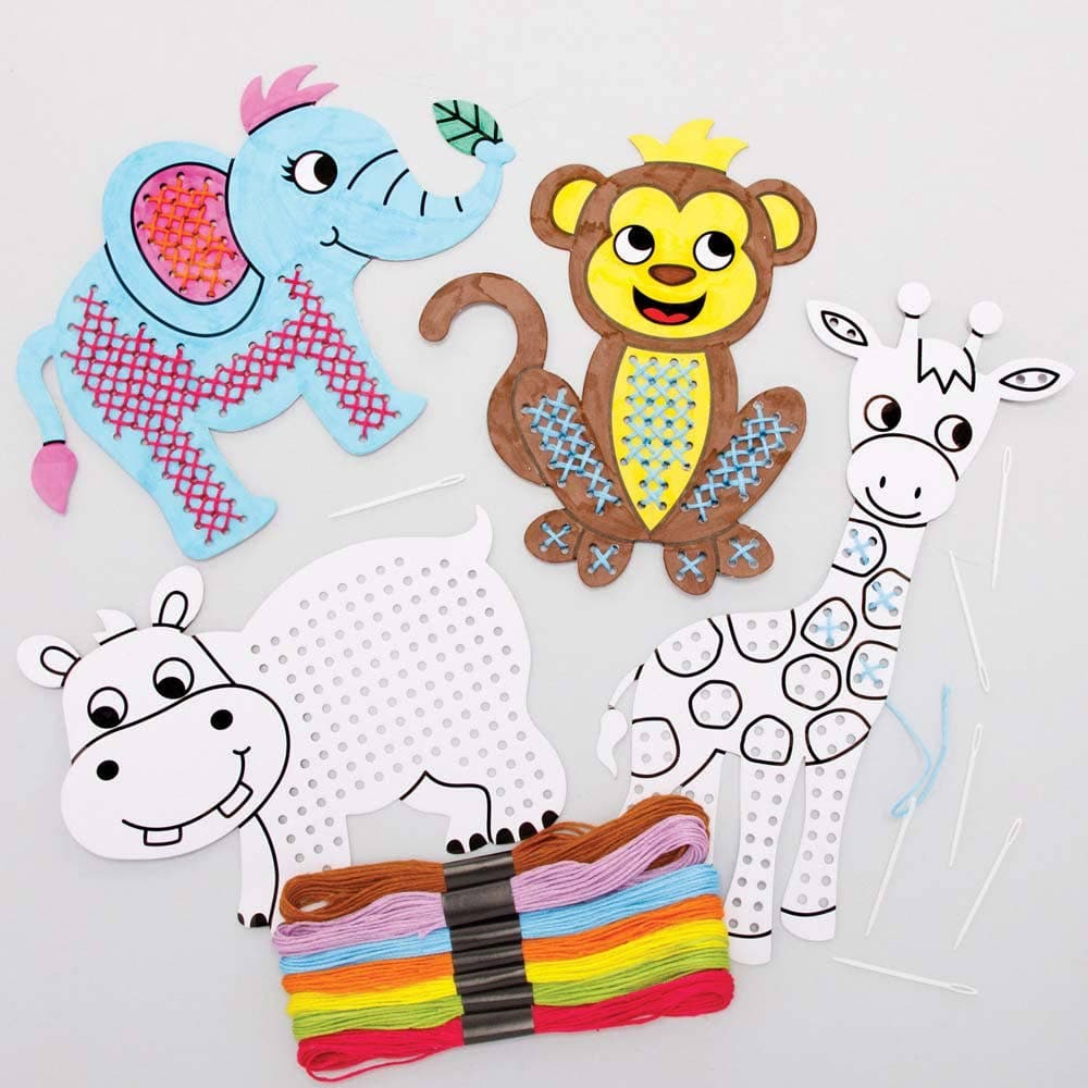 Jungle Animal Colour-in Cross Stitch Kits (Pack of 6) Sewing & Weaving Craft Kits 7 thread colours - Pink, Green, Yellow, Orange, Blue, Purple & Brown