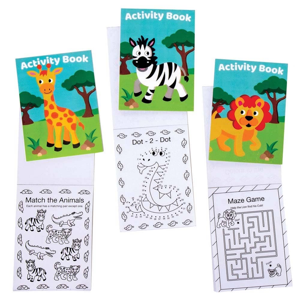 Jungle Animal Mini Activity Books (Pack of 12) 20 Pages Of Activities, Size 8cm x 11cm, 4 Assorted Designs