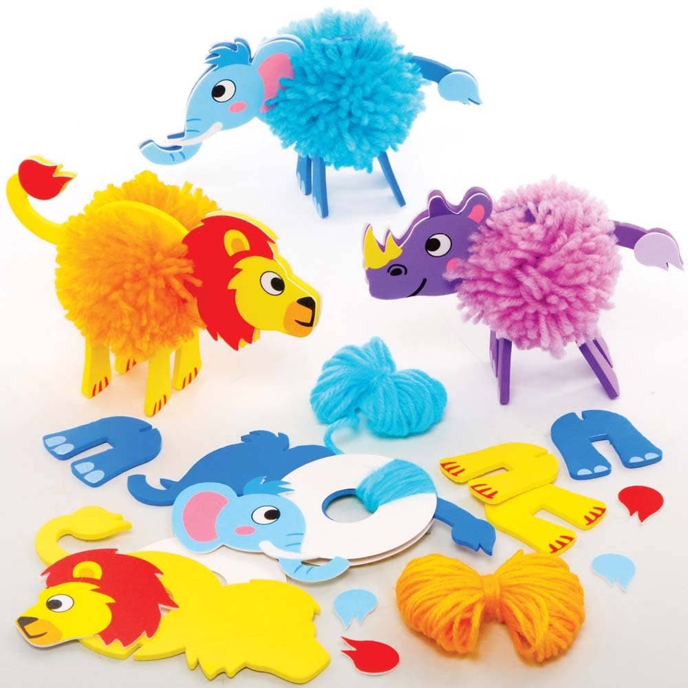 Jungle Animal Pom Pom Kits (Pack of 3) Art Craft Kits 3 assorted colours - Yellow, Purple & Blue