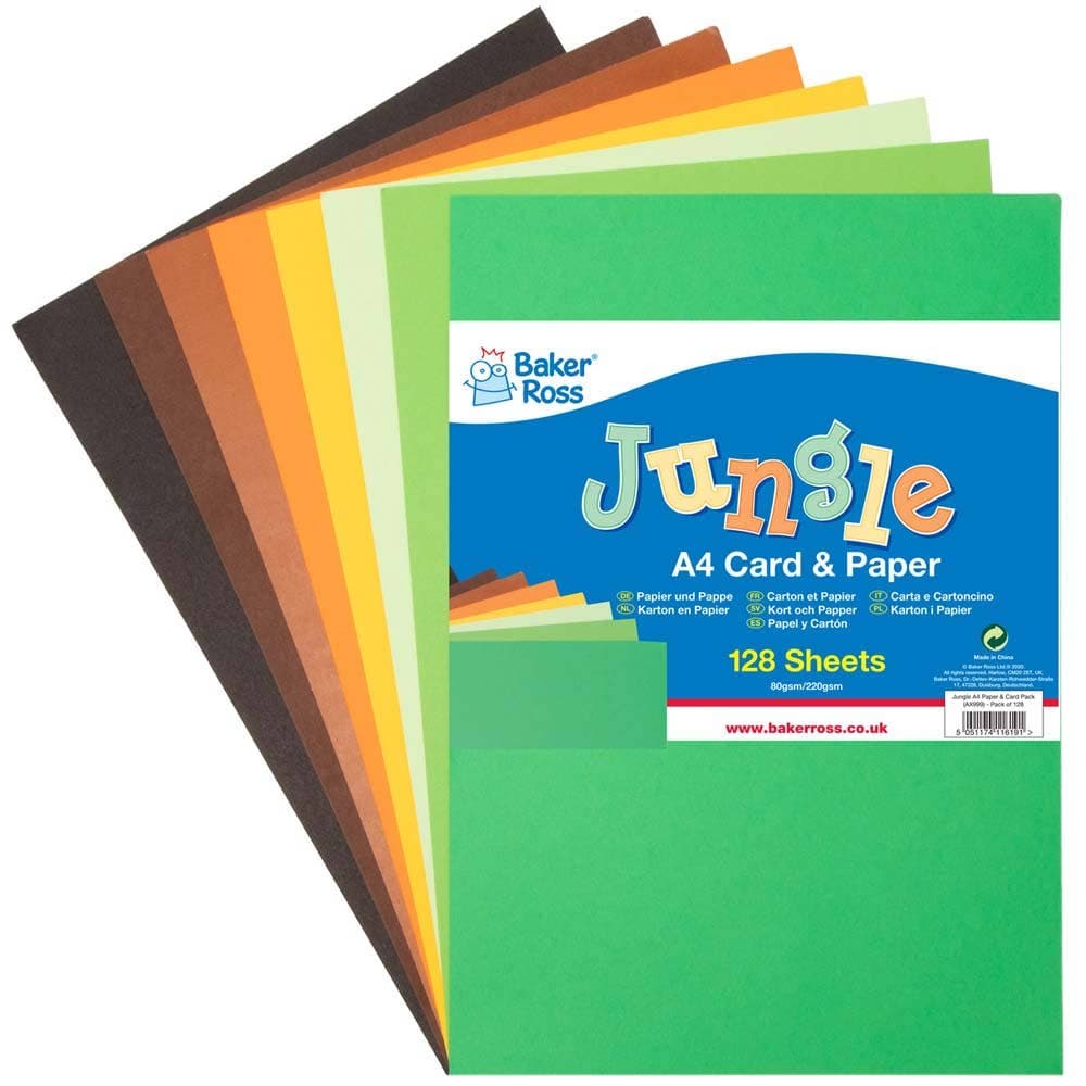 Jungle A4 Card & Paper Value Pack (Pack of 128) 8 Assorted Colours, Card Weight 220gsm & Paper Weight 80gsm