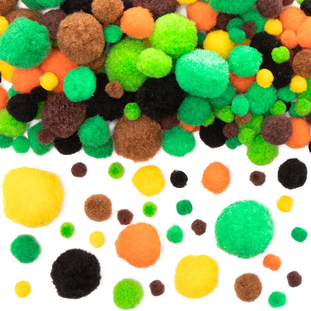 Jungle Pom Poms Value Pack (Pack of 256) 8 Assorted Colours, 4 Sizes 10mm-40mm, Greens, Browns & Yellows