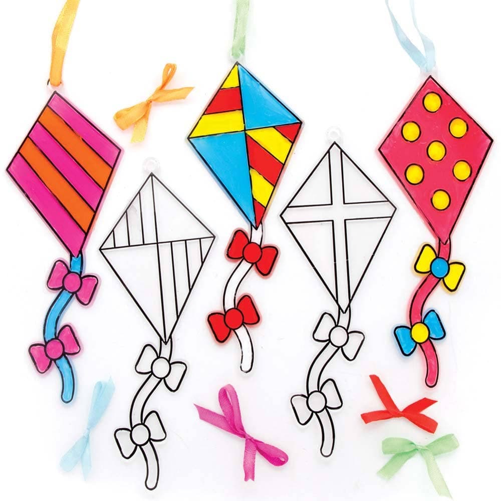 Kite Suncatchers (Pack of 10) Decoration Craft Kits 5 ribbon colours - Red, Orange, Green, Blue & Purple